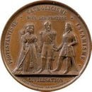 Medal z czasów Wojny Krymskiej przedstawiający trzy postacie symbolizujące protestatnów Anglików, katolików Francuzów i muzułmanów Turków broniących cywilizacji przed prawosławiem.