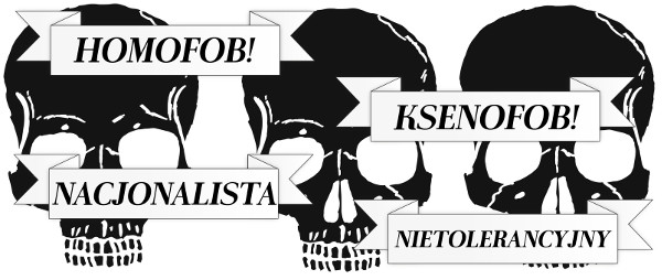 trupie czaszki, a na nich etykiety: homofob, ksenofob, nietolerancyjny, nacjonalista