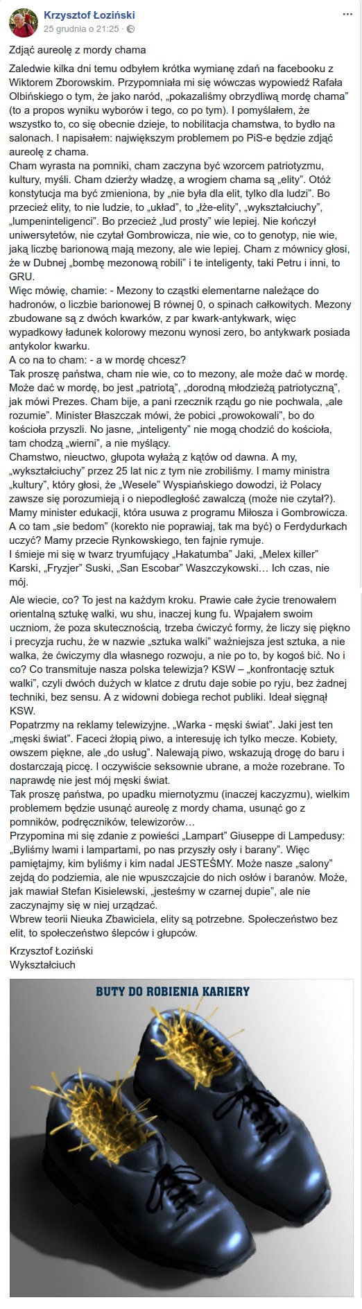 tekst wypowiedzi Krzysztofa Łozińskiego na facebooku