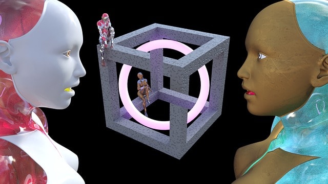 twarze dwóch robotów przypominające twarze ludzkie, zwrócone do siebie, a pomiędzy nimi sześcian z postacią w środku